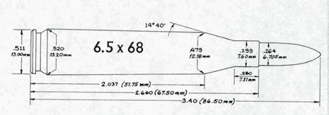 Drawing of the 6.5x68 Schuler showing the gently sloping 14.4 degree shoulder and the relatively short neck.