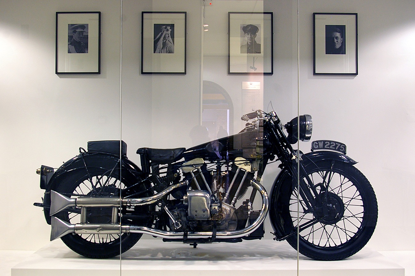 T.E. Lawrence's last Brough Superior as displayed when on loan to the Imperial War Museum in London.