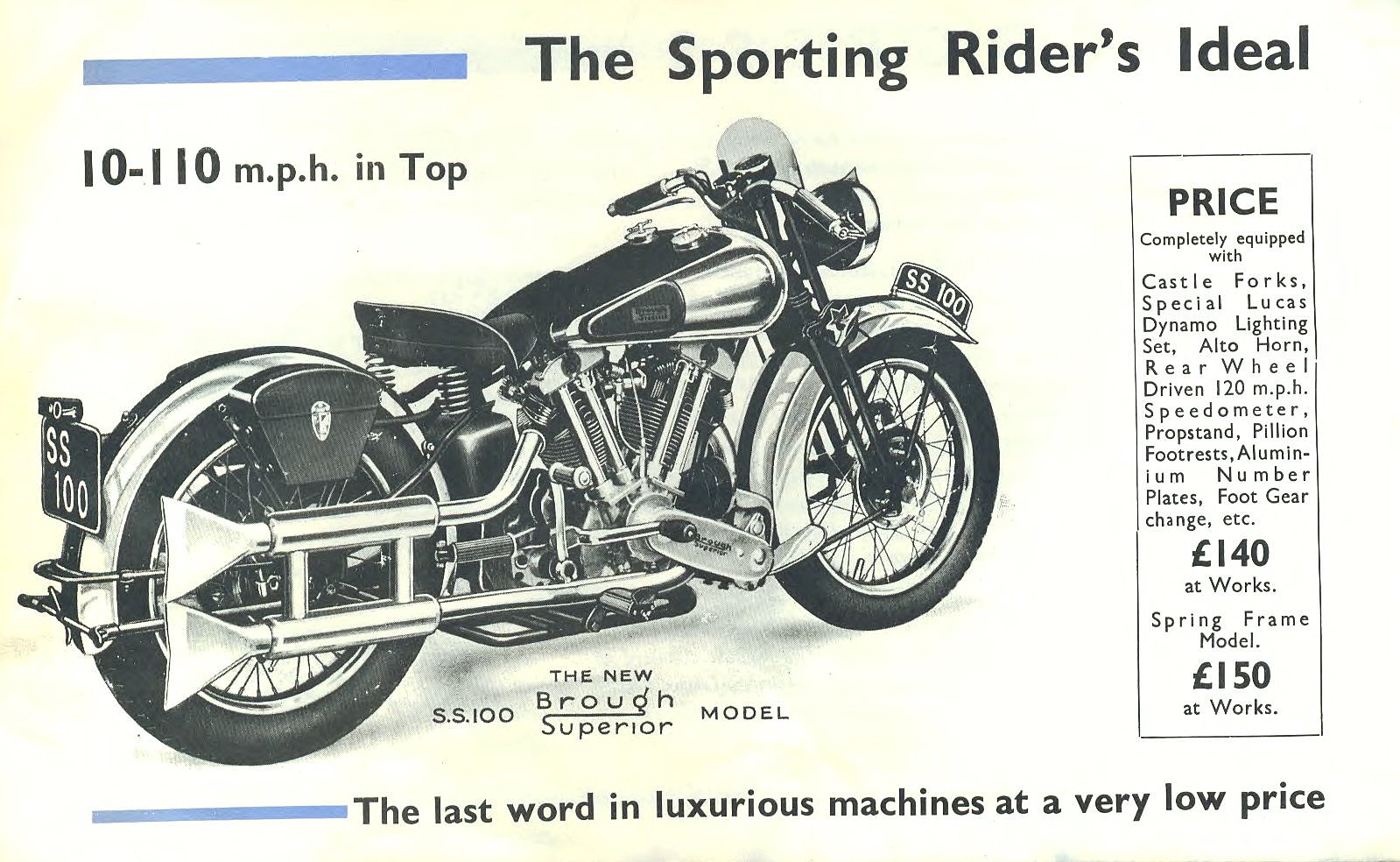 1936 advertisement for the Brough Superior SS100. (Image courtesy http://vintagemotorcyclesonline.com)