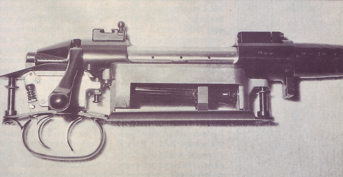 Right side view of the action showing the contoured magazine follower of the Schönauer magazine. The use of plastic might be fine in a Steyr AUG or a Glock, but it is not fine in a fine sporting rifle.