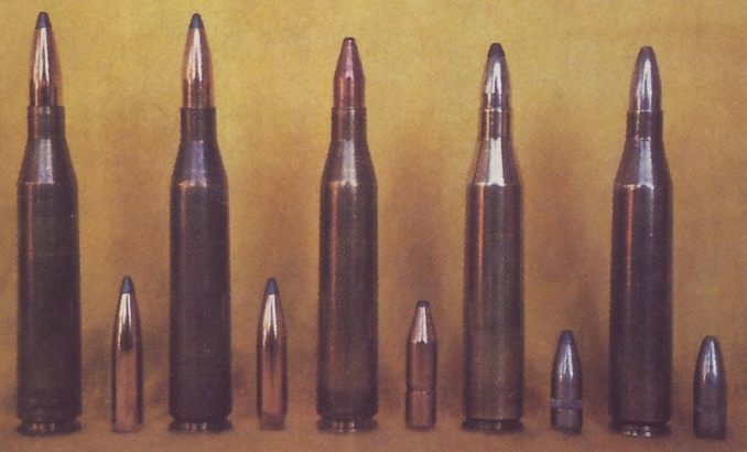 Author's preferred bullets for the 6.5x68 Schuler in the Mannlicher-Schönauer M72. From left; 140grain Nosler Partition, 140grain Sierra SPBT, RWS 127grain KS (Kegel Spitzer - "Cone Point"), 93grain RWS TM (Teil Mantle - "soft point".), 93grain RWS VM (Vol Mantle - "full jacket").