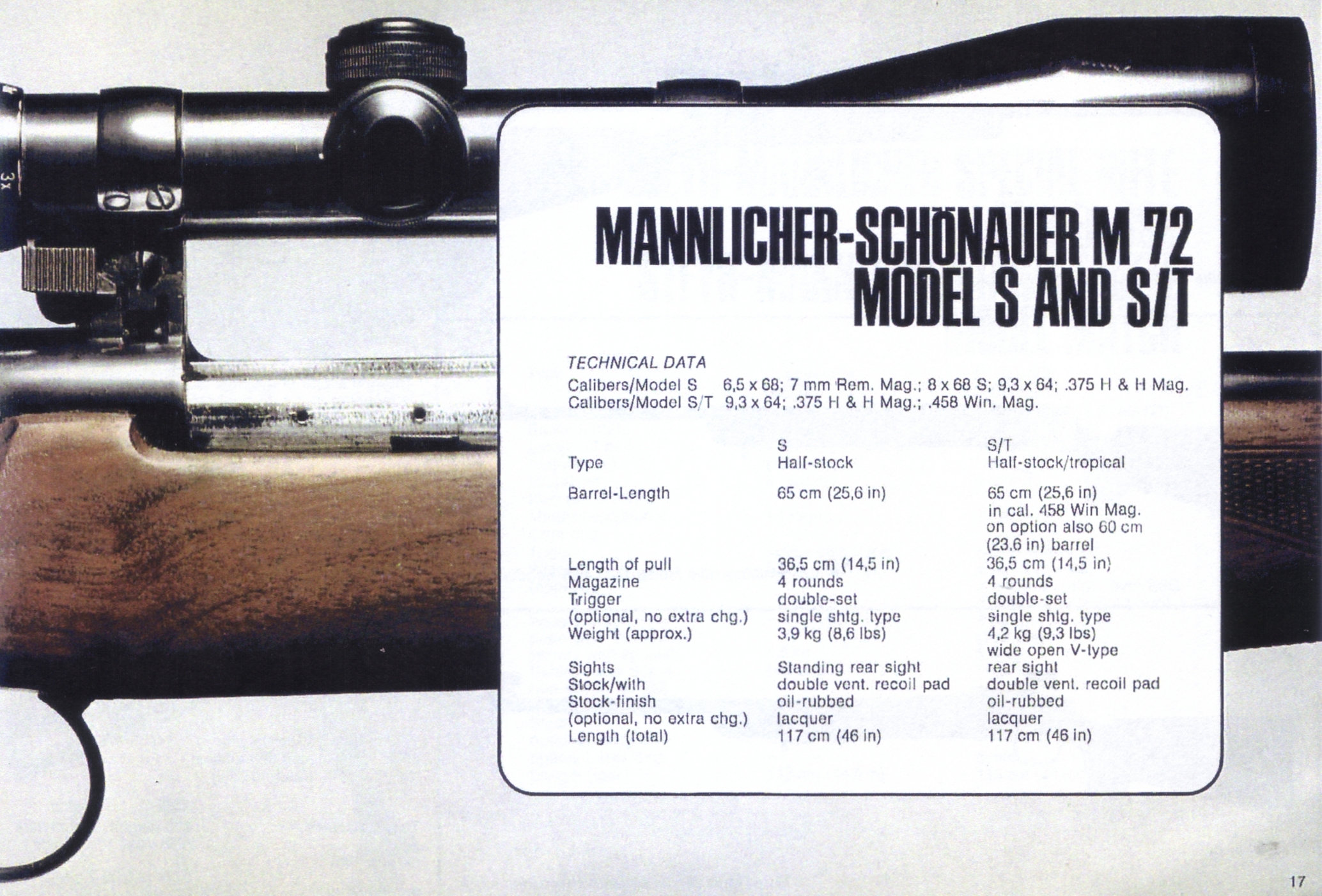 The Mannlicher-Schönauer M72 Model S and Model S/T specifications, calibers and other options. (Picture from the original Steyr catalog and courtesy of Steyr.)
