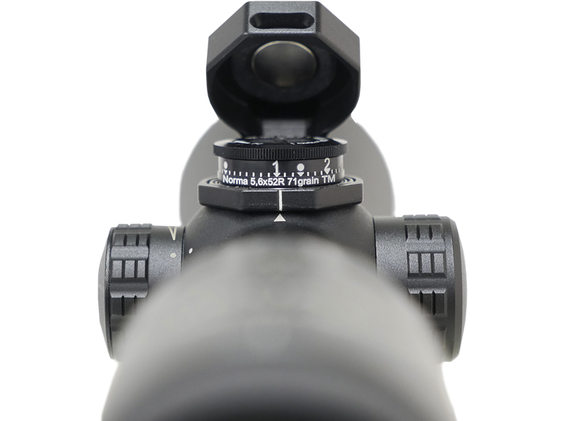 Kahles new Ballistic Drop Compensator fitted to a Helia 5 series rifle-scope. The fitted ballistic ring is specific to the 5.6x52R Norma 71grain factory ammunition. (picture courtesy of Kahles).