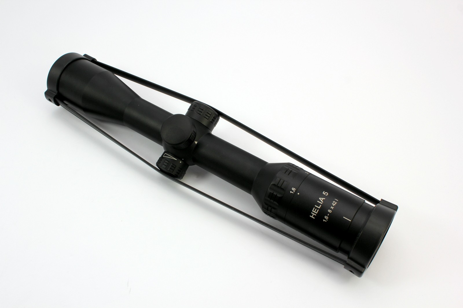 Top view of the Kahles 1.6-8x42i. Adjustment for the illuminated reticle is visible on left side of adjustment turret. (Picture courtesy of optics-info.com)