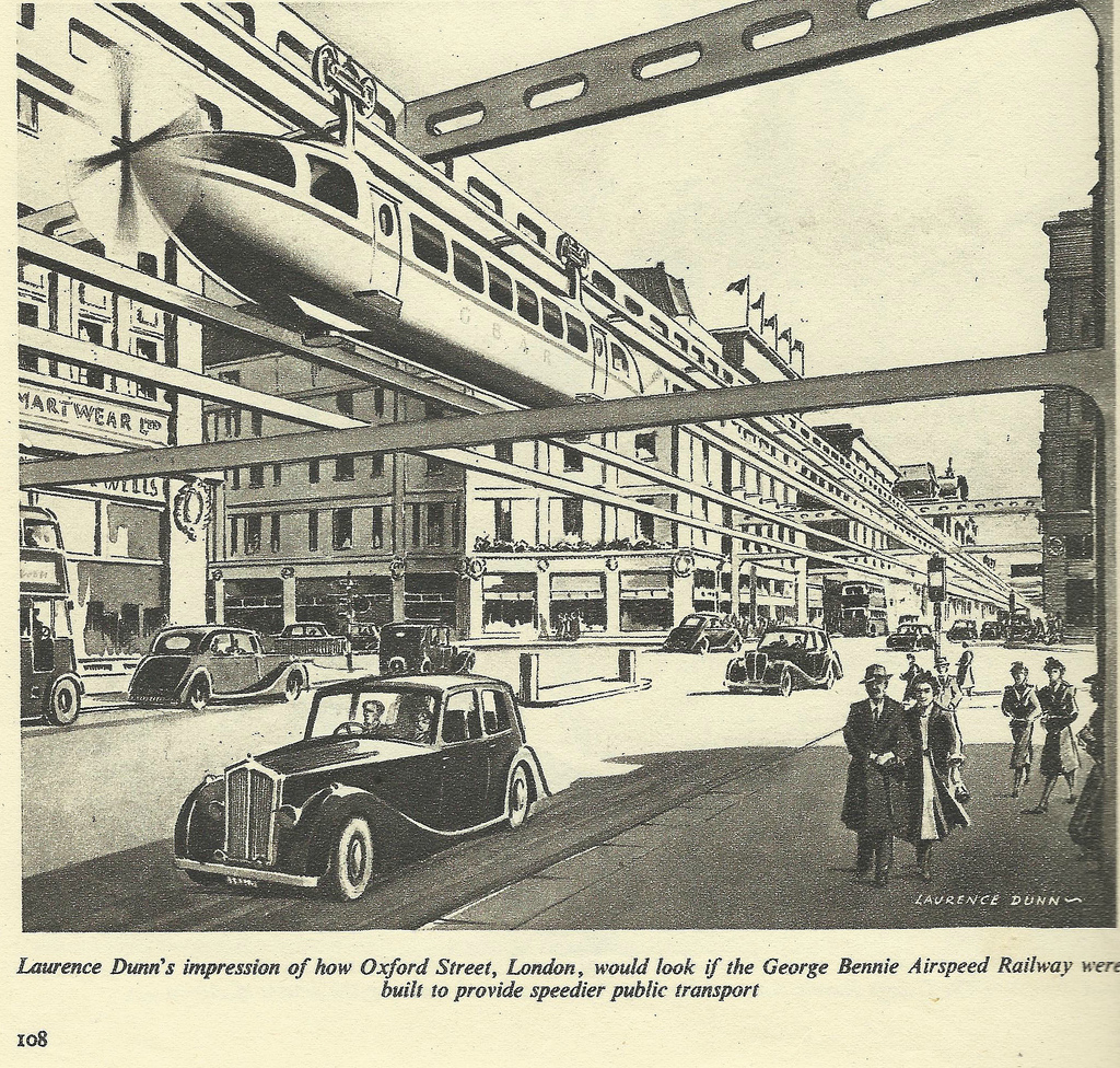 Bennie railplane system intended for Oxford Street showing it riding high above the cars and buses.