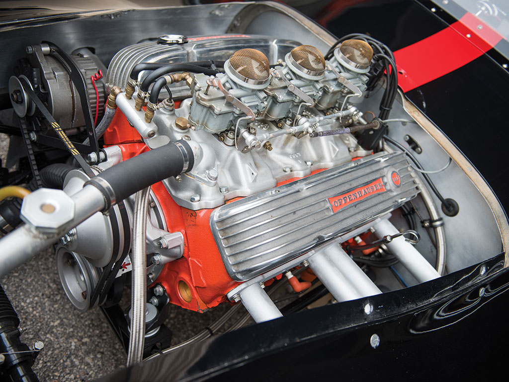 The Offenhauser Chevrolet V8 has triple dual draft Stromberg carburettors and produces approximately 350bhp. (Picture courtesy RM Sotherby's).