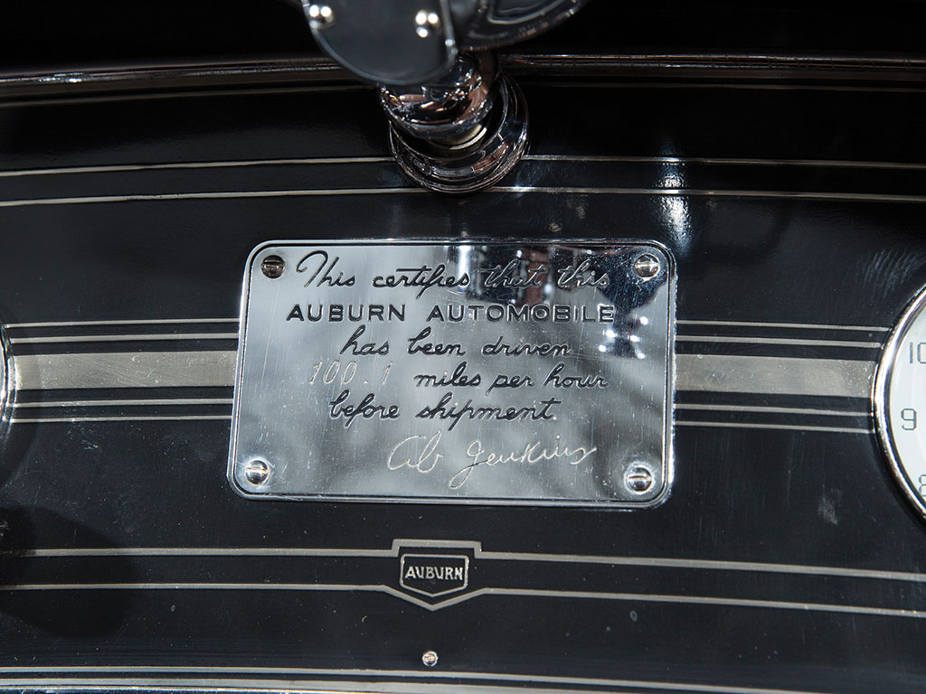 Signed by record holder David “Ab” Jenkins the plaque attached to the dashboard of each of these supercharged Auburn Speedsters indicated that this car was capable of at least one hundred miles per hour. (Picture courtesy RM Sotherby's).