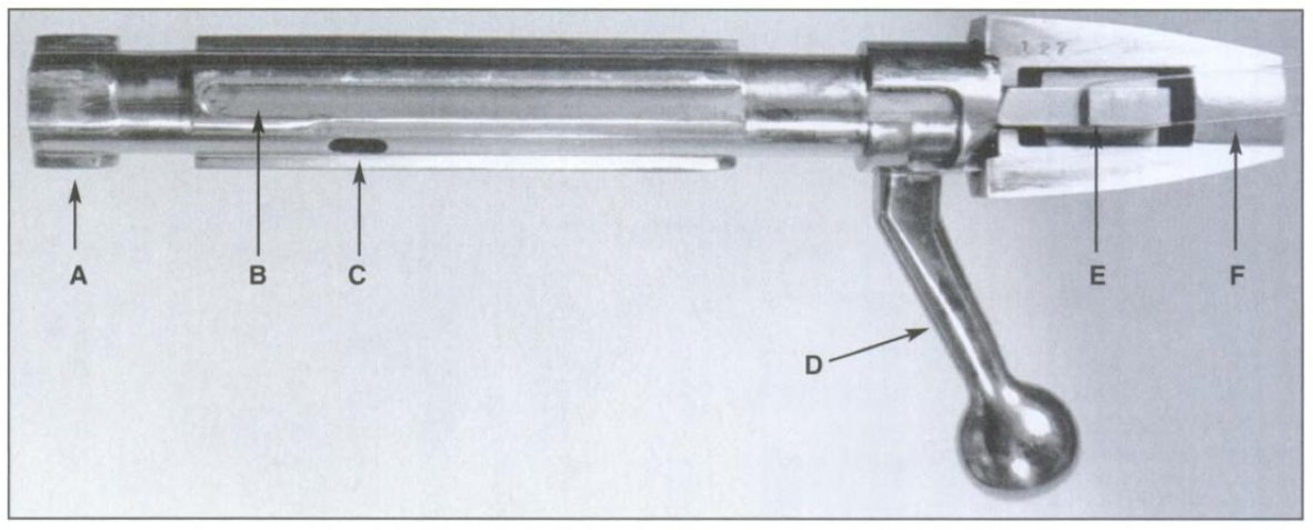 The underside of the Champlin bolt shows how the bottom guide rail is recessed for the bolt stop pin. (Picture courtesy "Bolt Action Rifles" by Frank De Haas and Wayne Zwoll).