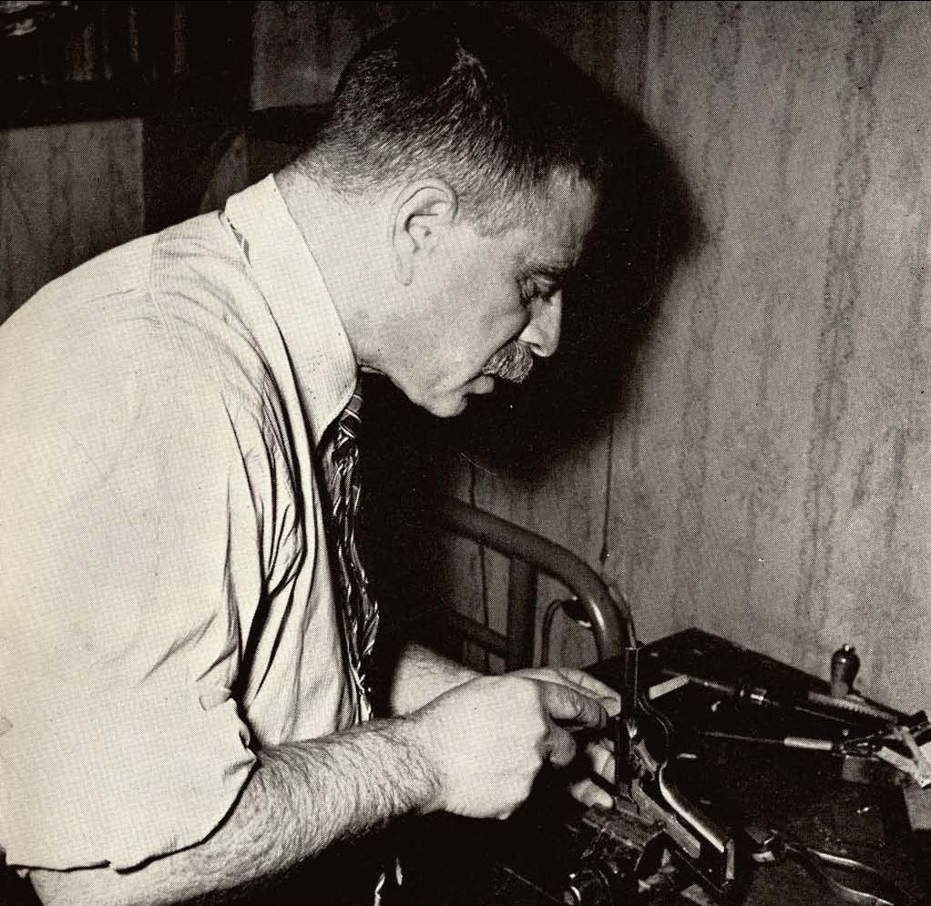 Mikhail Margolin in his workshop modeling the parts for a design. (Picture courtesy toyfj40.freeshell.org and a Guns Magazine's 1958 issue).
