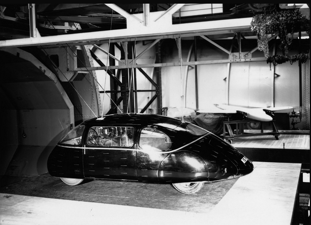 The full size prototype Schlörwagen ready for testing in the wind tunnel.
