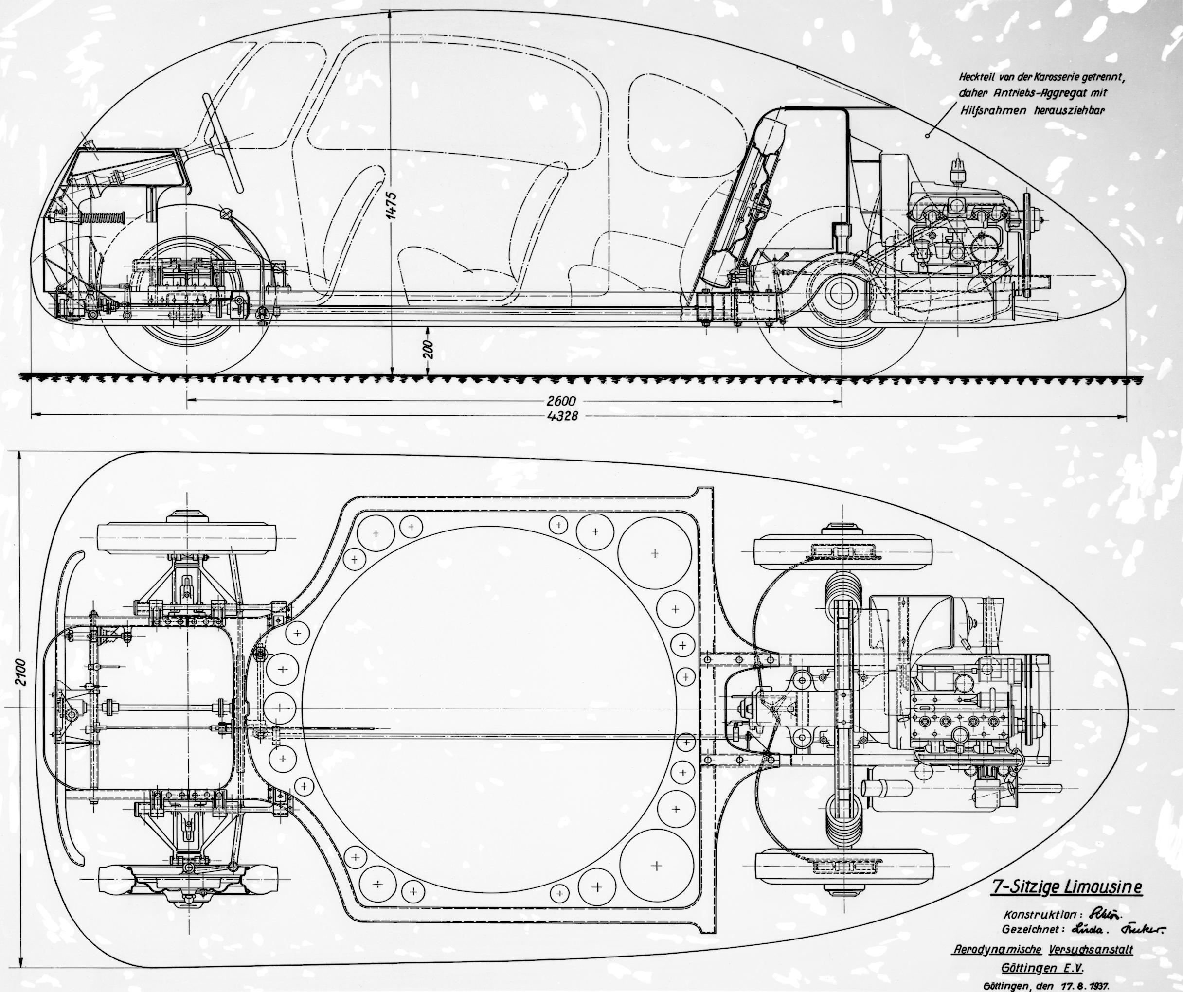The layout of the Schlörwagen reflects the prevalent German developmental thinking of the thirties, backbone or platform frame chassis, rear mounted engine.