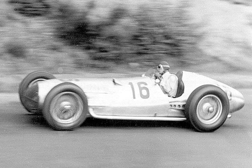 Dick Seaman in his Mercedes-Benz Silver Arrow in the 1938 German Grand Prix at Nurburgring. He won the race. (Picture courtesy snaplap.com).