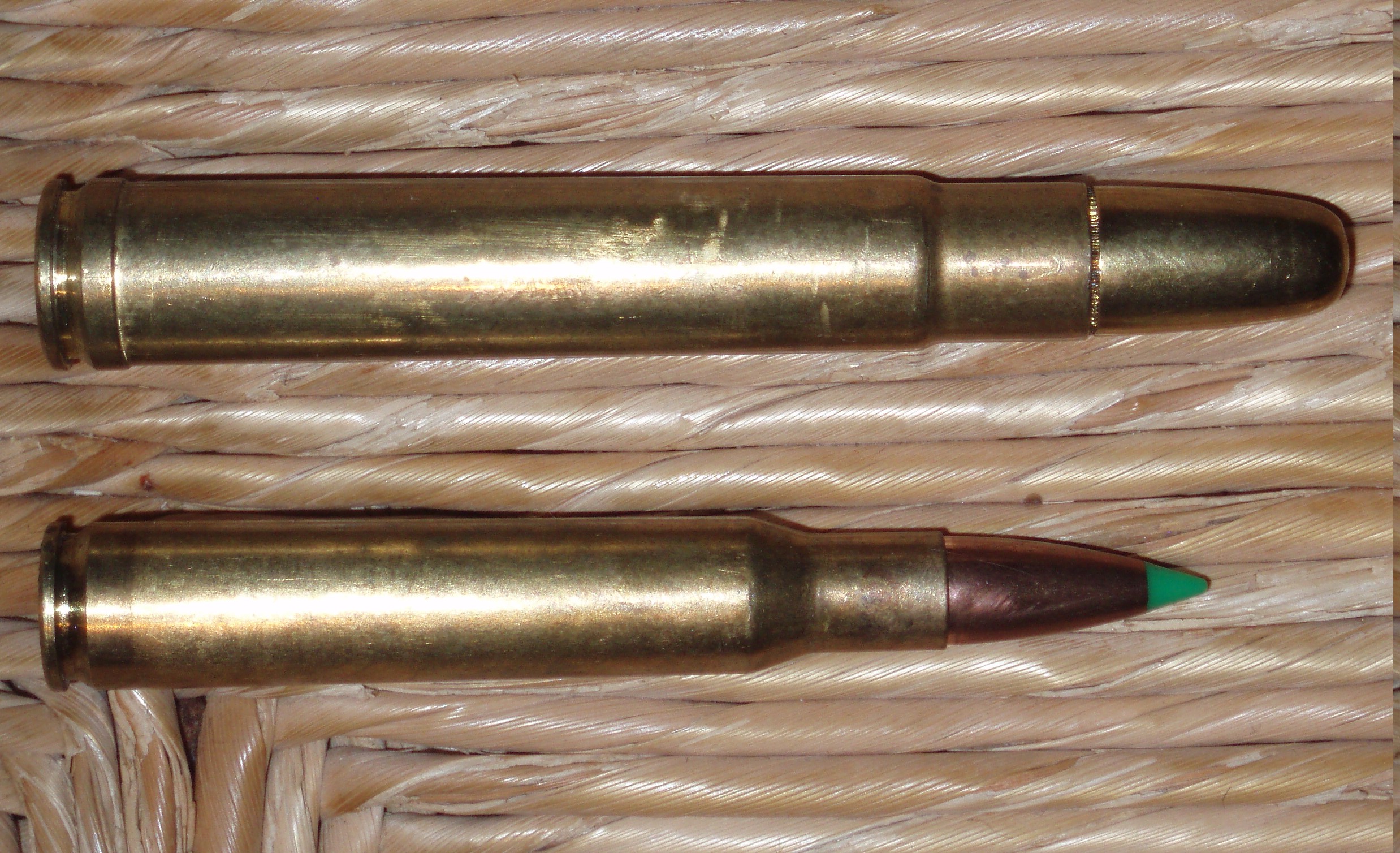 The .416 Remington Magnum is somewhat larger than the 30/06 but, being based on the .375H&H, will fit typical production magnum rifle actions. (Picture courtesy Wikipedia).