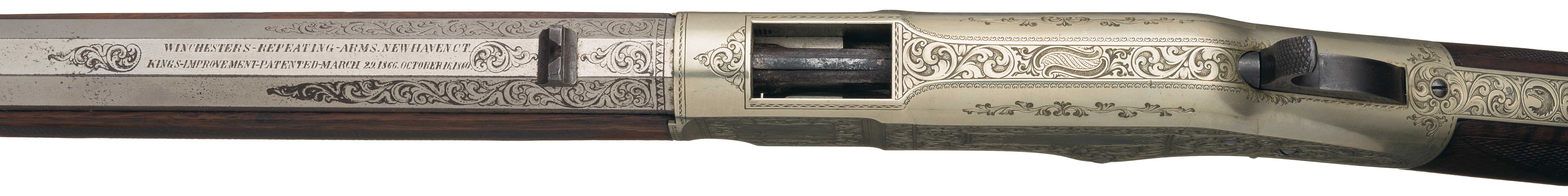 Top view of Ira Paine's 1866 Winchester. As can be seen from the differences in the color of the metal the receiver is silver and the steel barrel is nickel plated.