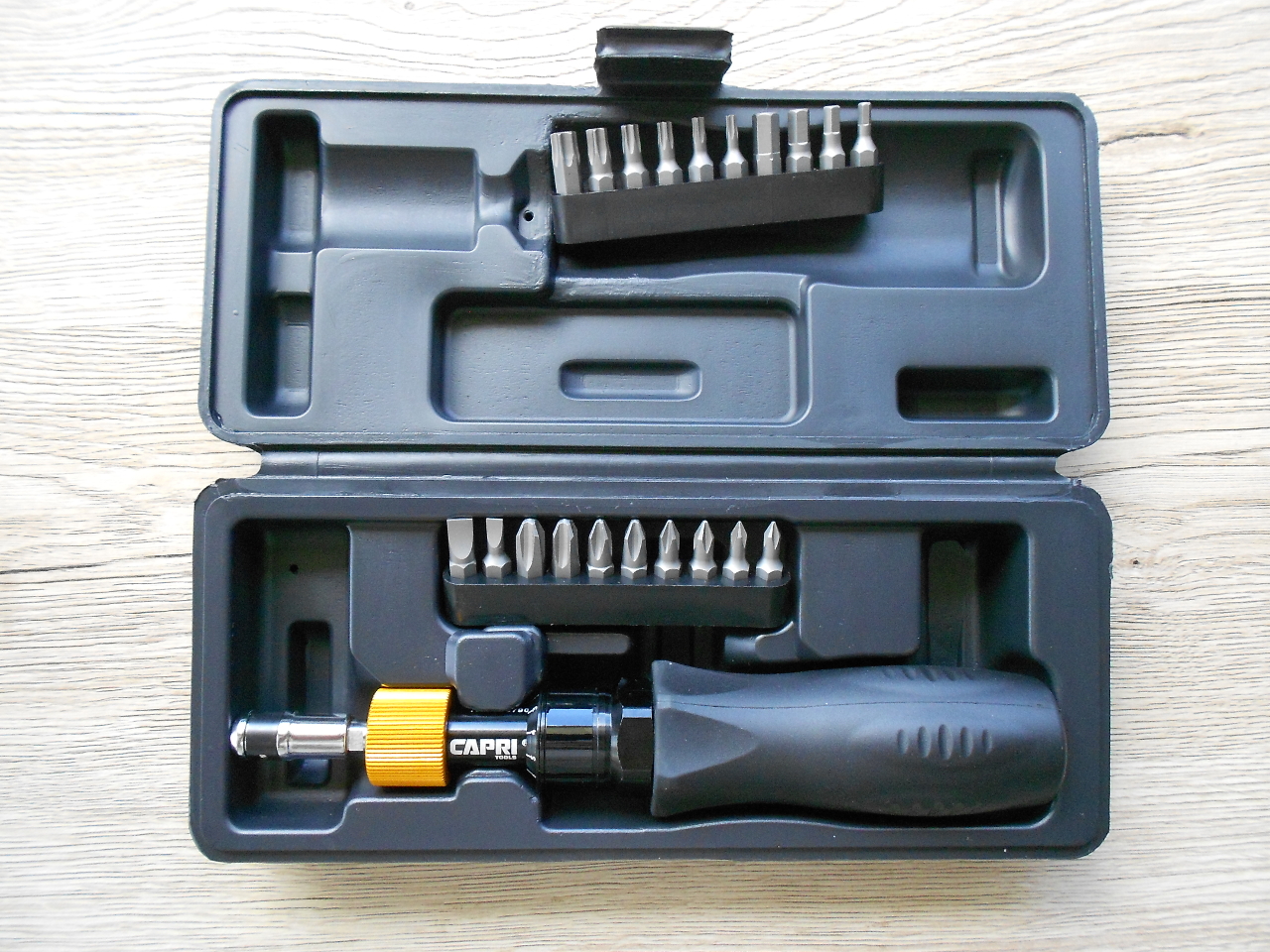 The Capri Tools torque screwdriver is graduated from 10-50 inch-pounds and comes in this convenient storage case complete with most if not all the adapters you will need.