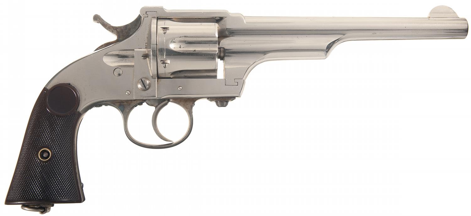 Pristine example of a Merwin Hulbert large frame "Frontier" model in 44-40 WCF. Hopkins & Allen were very good at nickel plating firearms and this one's nickel plating has survived the decades in near perfect condition. (Picture courtesy icollector.com).