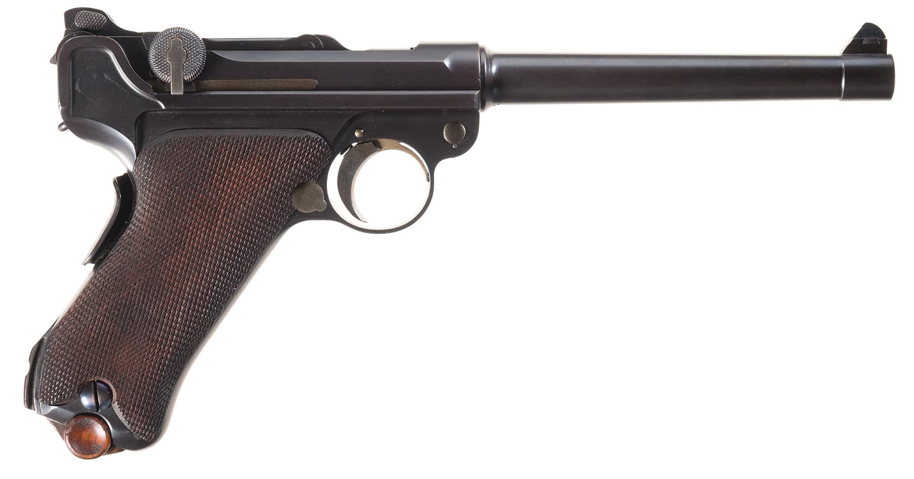 This DWM P04 pistol is a re-built reproduction by one of the world's foremost Luger restorers Gale C. Morgan. Note the catch on the rear sight to release it so it can be set to either 100meters or 200meters.