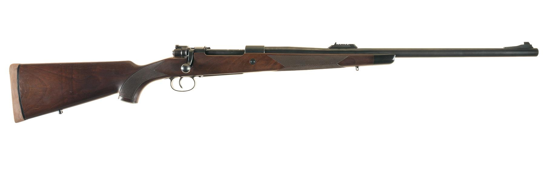 The Westley Richards .500 Jeffrey rifle is built on a Mauser 98 action with the standard flag safety. It is fitted with the usual multi leaf open V rear sight and has a standard magazine not an increased capacity drop magazine.