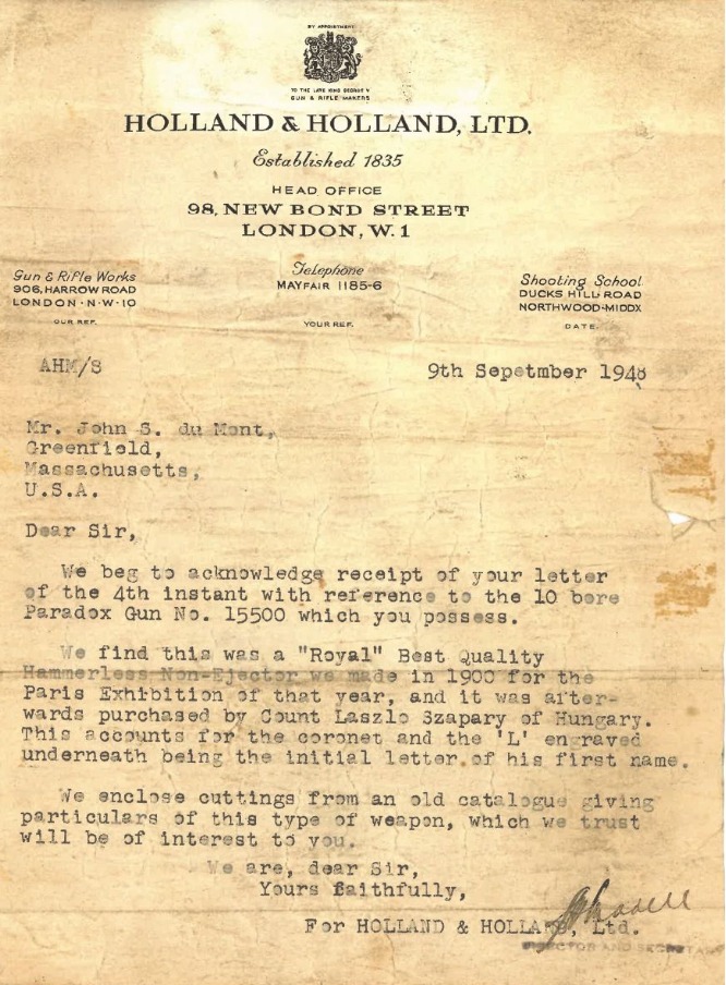 Holland and Holland factory letter