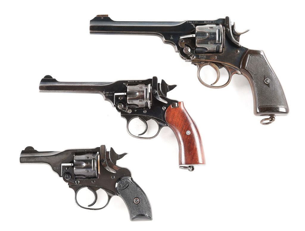 Webley large frame Mark VI and small frame Mark IV revolvers.