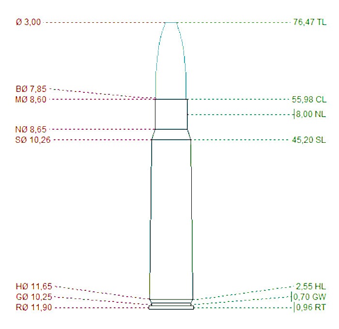 Dimension diagram Fraser Velox sporting rifle cartridge.